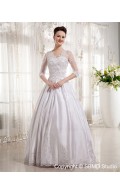 Satin Long Sleeve Chapel A-Line / Ball Gown Natural Applique / Lace / Beading V Neck Zipper Ivory Wedding Dress