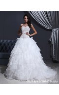 Natural Lace Up White A-line Sleeveless Organza / Tulle Strapless Sweep Applique / Beading / layering Wedding Dress