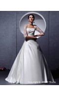 Long Beading / Embroidery / Ruffles Lace Up White Court Sleeve Square Satin Dropped A-line Wedding Dress