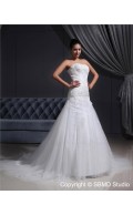 Strapless Sleeveless Lace Up Court Natural Ivory Beading A-line Satin / Tulle Wedding Dress