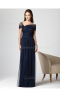 Dark-Navy Floor-length Natural Sheath Short-Sleeve Bridesmaid Dress