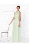 A-line Sleeveless Green Floor-length Draped/Flowers/Ruffles/Sash Bridesmaid Dress
