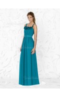 Floor-length Natural Blue Spaghetti-Straps Draped/Flowers/Ruffles/Sash Bridesmaid Dress