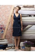 V-neck Dark-Navy Zipper Flowers/Ruffles Knee-length Bridesmaid Dress