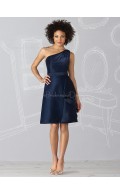 Knee-length A-line One-Shoulder Dark-Navy Ruffles Bridesmaid Dress