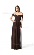 Floor-length Short-Sleeve Chocolate A-line Natural Bridesmaid Dress