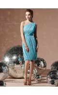 Light-Sky-Blue Natural Sleeveless Draped/Ruffles/Sash Sheath Bridesmaid Dress