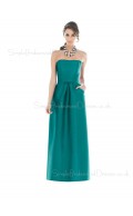 Floor-length Blue Sleeveless Satin Backless Bridesmaid Dress