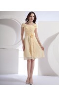 Short-Sleeve Daffodil Bateau Ruffles/Flowers A-line Knee-length Natural Zipper Chiffon Bridesmaid Dress