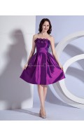Knee-length Grape Strapless Natural Taffeta Zipper A-line Ruffles/Flowers/Beading Sleeveless Bridesmaid Dress