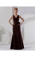 Chocolate Sleeveless Floor-length Ruffles/Bow/Beading V-neck Mermaid Natural Zipper Taffeta Bridesmaid Dress