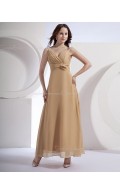 Champagne Natural Floor-length Ruffles/Flowers Zipper Spaghetti-Straps Chiffon Sleeveless A-line Bridesmaid Dress