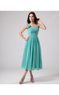 Zipper Natural One-Shoulder Ruffles/Flowers A-line Chiffon Pool Tea-length Sleeveless Bridesmaid Dress