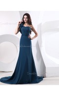 A-line Chiffon Floor-length Zipper Sleeveless One-Shoulder Ink-Blue Natural Ruffles/Flowers Bridesmaid Dress