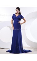 Natural A-line Short-Sleeve Royal-Blue V-neck Ruffles/Draped Chiffon Floor-length Zipper Bridesmaid Dress