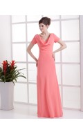 Short-Sleeve Zipper Natural Watermelon Ruffles Sheath Chiffon Floor-length V-neck Bridesmaid Dress