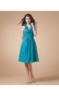 Chiffon Ruffles/Tiered Knee-length A-line Zipper Sleeveless Natural V-neck Blue Bridesmaid Dress