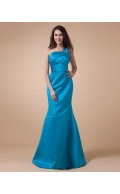Ruffles/Tiered/Beading Sleeveless Blue Satin Floor-length Mermaid One-Shoulder Natural Zipper Bridesmaid Dress
