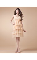 Spaghetti-Straps Natural Chiffon Sleeveless Zipper Daffodil A-line Ruffles/Tiered/Flowers Knee-length Bridesmaid Dress