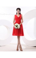 V-neck Zipper Red Knee-length Natural Ruffles Sleeveless Chiffon A-line Bridesmaid Dress