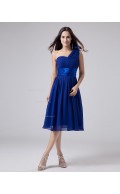 One-Shoulder A-line Chiffon Knee-length Natural Ruffles/Sash/Flowers Zipper Royal-Blue Sleeveless Bridesmaid Dress