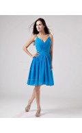 Spaghetti-Straps Chiffon Zipper Ruffles Knee-length Natural A-line Blue Sleeveless Bridesmaid Dress