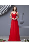 Floor-length Chiffon A-line Red Straps Ruffles/Flowers Natural Sleeveless Zipper Bridesmaid Dress