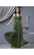 Sleeveless Chiffon Halter Green Natural Zipper Ruffles/Beading/Draped Floor-length A-line Bridesmaid Dress