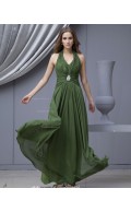 Sleeveless Chiffon Halter Green Natural Zipper Ruffles/Beading/Draped Floor-length A-line Bridesmaid Dress