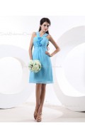 Zipper Chiffon V-neck Knee-length Sleeveless Blue A-line Natural Ruffles/Flowers Bridesmaid Dress