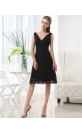 Natural Black A-line Sleeveless V-neck Knee-length Ruffles Chiffon Zipper Bridesmaid Dress