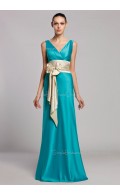Natural Sheath V-neck Bow/Ruffles/Sash Floor-length Zipper Blue Sleeveless Elastic-Satin Bridesmaid Dress