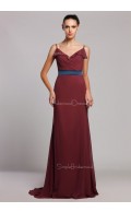 Spaghetti-Straps Tiered/Ruffles/Sash Sleeveless Satin Mermaid Zipper Floor-length Natural Ruby Bridesmaid Dress