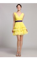 V-neck Natural Daffodil Zipper Tiered/Ruffles/Sash Mini Sleeveless Short-length Chiffon Bridesmaid Dress