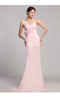 One-Shoulder Sleeveless Natural Pink Ruffles/Flowers Mermaid Zipper Floor-length Chiffon Bridesmaid Dress