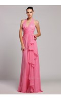 Sleeveless Floor-length Tiered/Ruffles Halter A-line Natural Zipper Chiffon Watermelon Bridesmaid Dress