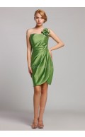 Green Mini Natural One-Shoulder Sleeveless Satin Zipper Short-length Ruffles/Flowers Bridesmaid Dress
