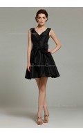Sleeveless Ruffles/Bow V-neck Black Natural Short-length Taffeta Mini Zipper Bridesmaid Dress