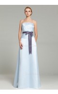 Sleeveless Satin Floor-length Ruffles/Sash A-line Strapless Zipper Light-Sky-Blue Natural Bridesmaid Dress