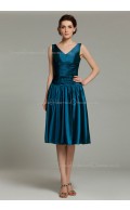 Elastic-Satin Knee-length Sleeveless Mermaid Ocean-Blue Dropped Zipper Ruffles V-neck Bridesmaid Dress