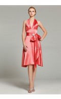 Ruffles/Sash Knee-length Watermelon Zipper Natural V-neck Elastic-Satin A-line Sleeveless Bridesmaid Dress