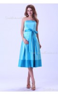 Natural Bow/Sash Zipper Knee-length Strapless Satin Blue Sleeveless A-line Bridesmaid Dress