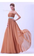 Sleeveless Natural Knee-length Brown Chiffon Ruffles/Sash/Drapes A-line Zipper Strapless Bridesmaid Dress