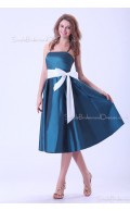 A-line Sleeveless Ink-Blue Tea-length Taffeta Ruffles/Bow Spaghetti-Straps Zipper Natural Bridesmaid Dress