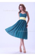 Ocean-Blue Ruffles/Sash Straps Sleeveless Chiffon Natural Zipper A-line Knee-length Bridesmaid Dress