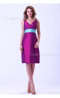 Ruffles/Sash Grape Natural Sleeveless Knee-length Taffeta Zipper Mini V-Neck Bridesmaid Dress