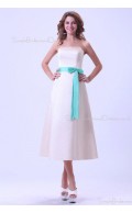 A-line Natural Sleeveless Tea-length Zipper Strapless Satin Ruffles/Sash Ivory Bridesmaid Dress