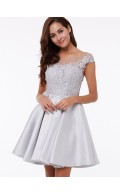 UK Vintage Short Matte Satin Neck Cap Sleeves Appliques Bridesmaid Dress