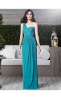 Draped Chiffon One-Shoulder Floor-length Zipper Dropped Sleeveless jade Blue Column/Sheath Bridesmaid Dress