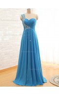 2016 Elegant Light Sky Blue Beading Long Chiffon Bridesmaid Dresses